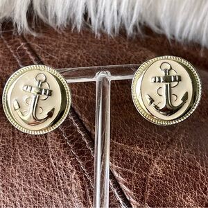 Vintage | Gold Cream Enamel Nautical Anchor Pierced Earrings